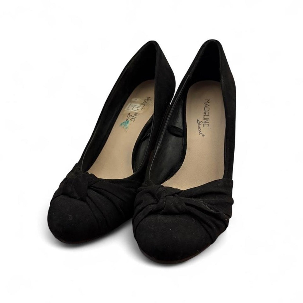 Madeline Stuart Womens Black Faux Suede Wedge Pumps Knotted Toe Shoes Size 7.5M